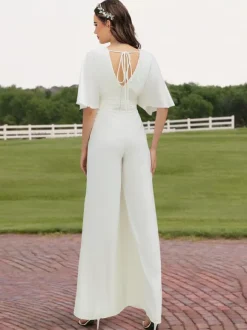Ivory Bridal Jumpsuit 2026 Floor-Length A-Line V-Neck Half Sleeves Wedding Jumpsuit Free Customization