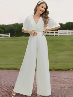 Ivory Bridal Jumpsuit 2026 Floor-Length A-Line V-Neck Half Sleeves Wedding Jumpsuit Free Customization