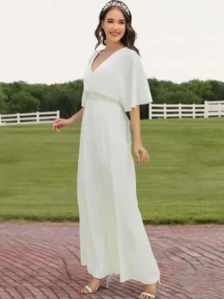 Ivory Bridal Jumpsuit 2026 Floor-Length A-Line V-Neck Half Sleeves Wedding Jumpsuit Free Customization