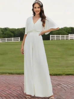 Ivory Bridal Jumpsuit 2026 Floor-Length A-Line V-Neck Half Sleeves Wedding Jumpsuit Free Customization