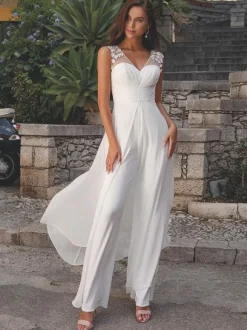 Ivory Bridal Jumpsuit 2026 Lace Ankle-Length A-Line V-Neck Sleeveless Wedding Jumpsuit