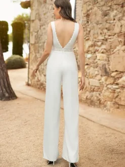 Ivory Bridal Jumpsuit Lace Floor-Length A-Line V-Neck Sleeveless Raised Waist Jumpsuit