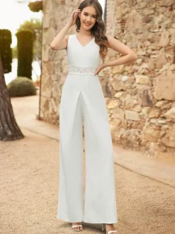 Ivory Bridal Jumpsuit Lace Floor-Length A-Line V-Neck Sleeveless Raised Waist Jumpsuit