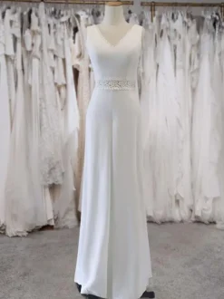 Ivory Bridal Jumpsuit Lace Floor-Length A-Line V-Neck Sleeveless Raised Waist Jumpsuit