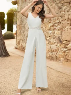 Ivory Bridal Jumpsuit Lace Floor-Length A-Line V-Neck Sleeveless Raised Waist Jumpsuit