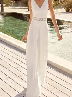 Ivory Bridal Jumpsuit Lace Floor-Length A-Line V-Neck Sleeveless Raised Waist Jumpsuit