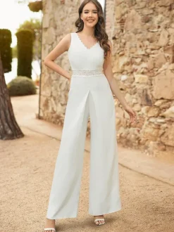 Ivory Bridal Jumpsuit Lace Floor-Length A-Line V-Neck Sleeveless Raised Waist Jumpsuit