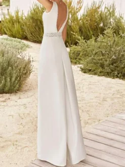 Ivory Bridal Jumpsuit Lace Floor-Length A-Line V-Neck Sleeveless Raised Waist Jumpsuit