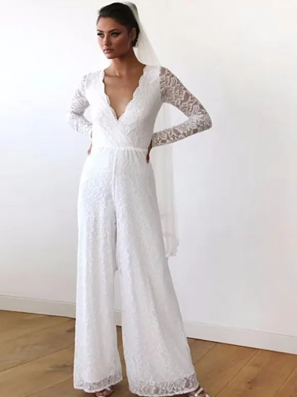 Ivory Bridal Jumpsuit 2026 Lace Floor-Length A-Line V-Neck Long Sleeves Wedding Jumpsuit Free Customization
