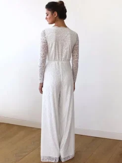 Ivory Bridal Jumpsuit 2026 Lace Floor-Length A-Line V-Neck Long Sleeves Wedding Jumpsuit Free Customization