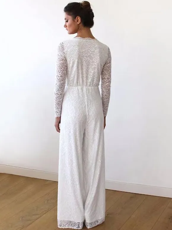 Ivory Bridal Jumpsuit 2026 Lace Floor-Length A-Line V-Neck Long Sleeves Wedding Jumpsuit Free Customization