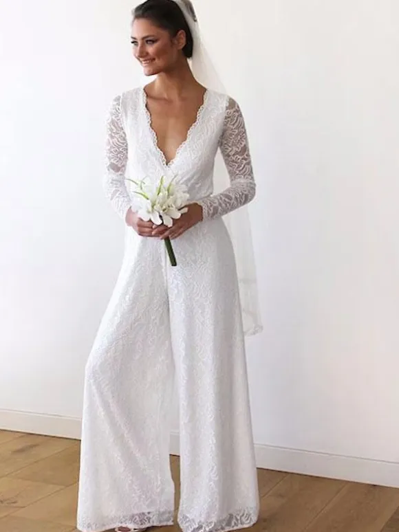 Ivory Bridal Jumpsuit 2026 Lace Floor-Length A-Line V-Neck Long Sleeves Wedding Jumpsuit Free Customization