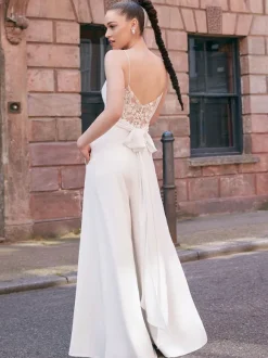 Ivory Bridal Jumpsuit Lace Floor-Length A-Line V-Neck Sleeveless Bridal Dresses Free Customization