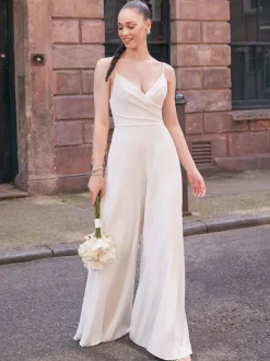 Ivory Bridal Jumpsuit Lace Floor-Length A-Line V-Neck Sleeveless Bridal Dresses Free Customization