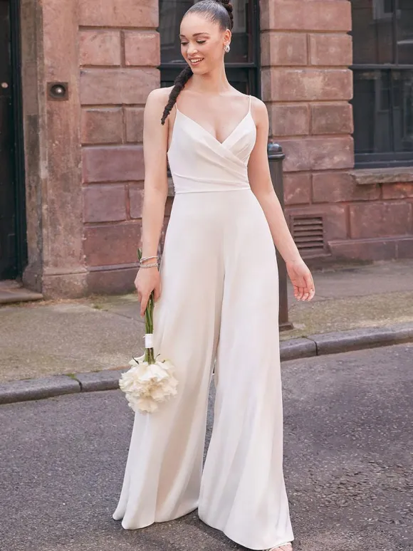 Ivory Bridal Jumpsuit Lace Floor-Length A-Line V-Neck Sleeveless Bridal Dresses Free Customization