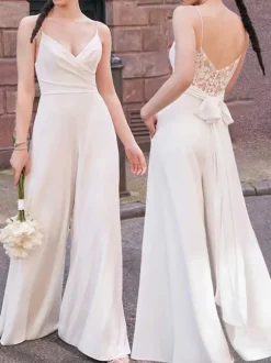 Ivory Bridal Jumpsuit Lace Floor-Length A-Line V-Neck Sleeveless Bridal Dresses Free Customization