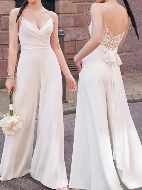 Ivory Bridal Jumpsuit Lace Floor-Length A-Line V-Neck Sleeveless Bridal Dresses Free Customization