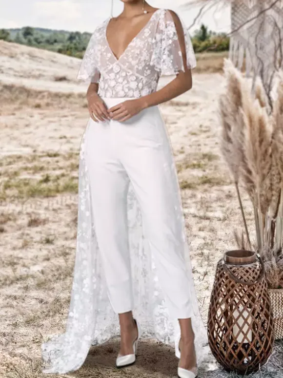 Ivory Bridal Jumpsuit 2026 Lace With Train A-Line V-Neck Short Sleeves Wedding Jumpsuit