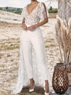 Ivory Bridal Jumpsuit 2026 Lace With Train A-Line V-Neck Short Sleeves Wedding Jumpsuit