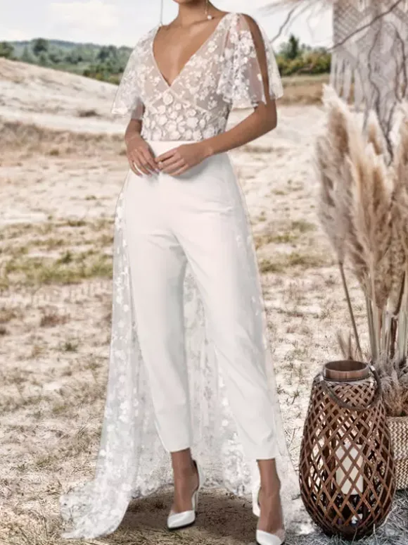 Ivory Bridal Jumpsuit 2026 Lace With Train A-Line V-Neck Short Sleeves Wedding Jumpsuit