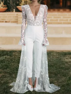 Ivory Bridal Jumpsuit 2026 Lace With Train A-Line V-Neck Long Sleeves Wedding Jumpsuit
