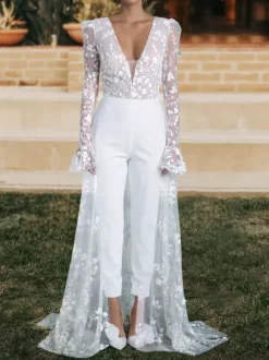 Ivory Bridal Jumpsuit 2026 Lace With Train A-Line V-Neck Long Sleeves Wedding Jumpsuit