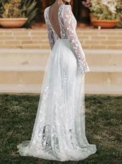 Ivory Bridal Jumpsuit 2026 Lace With Train A-Line V-Neck Long Sleeves Wedding Jumpsuit