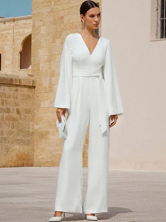 Ivory Bridal Jumpsuit Sash Ankle-Length A-Line V-Neck Long Sleeves Wedding Jumpsuit Free Customization