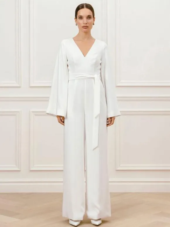 Ivory Bridal Jumpsuit Sash Ankle-Length A-Line V-Neck Long Sleeves Wedding Jumpsuit Free Customization