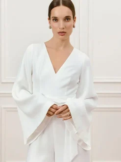 Ivory Bridal Jumpsuit Sash Ankle-Length A-Line V-Neck Long Sleeves Wedding Jumpsuit Free Customization