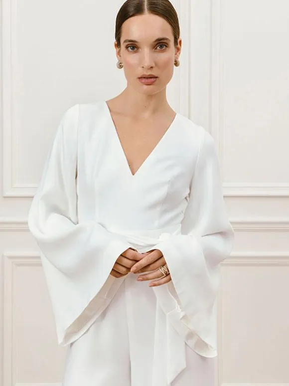 Ivory Bridal Jumpsuit Sash Ankle-Length A-Line V-Neck Long Sleeves Wedding Jumpsuit Free Customization