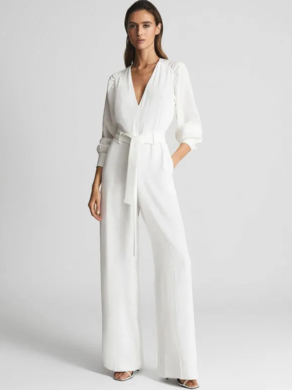 Ivory Bridal Jumpsuit 2026 Sash Floor-Length A-Line V-Neck Long Sleeves Wedding Jumpsuit Free Customization