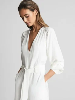 Ivory Bridal Jumpsuit 2026 Sash Floor-Length A-Line V-Neck Long Sleeves Wedding Jumpsuit Free Customization