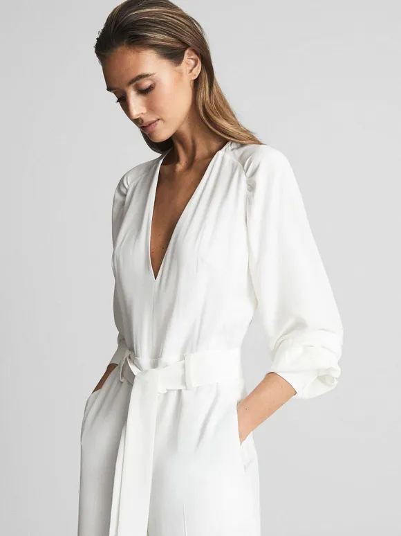 Ivory Bridal Jumpsuit 2026 Sash Floor-Length A-Line V-Neck Long Sleeves Wedding Jumpsuit Free Customization