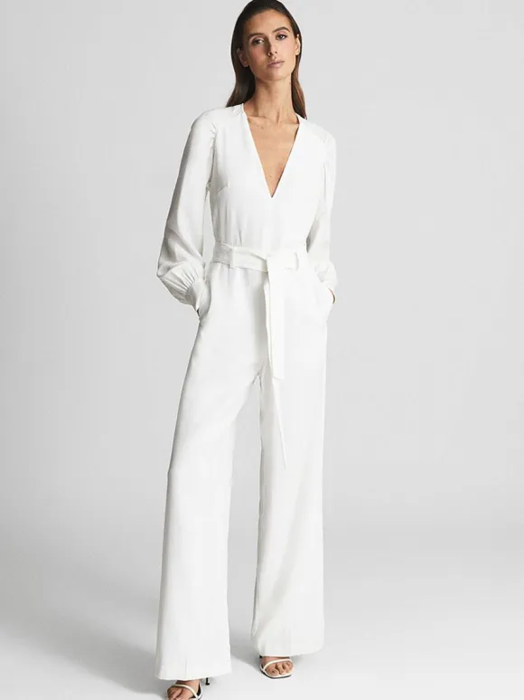 Ivory Bridal Jumpsuit 2026 Sash Floor-Length A-Line V-Neck Long Sleeves Wedding Jumpsuit Free Customization