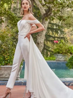Ivory Bridal Jumpsuit 2026 Sash With Train Mermaid V-Neck Sleeveless Wedding Jumpsuit Free Customization