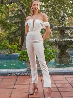 Ivory Bridal Jumpsuit 2026 Sash With Train Mermaid V-Neck Sleeveless Wedding Jumpsuit Free Customization