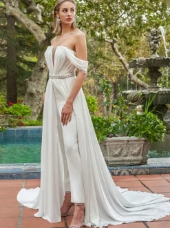 Ivory Bridal Jumpsuit 2026 Sash With Train Mermaid V-Neck Sleeveless Wedding Jumpsuit Free Customization