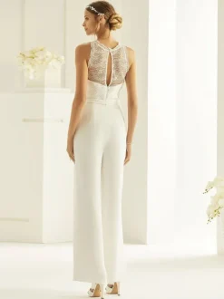Ivory Bridal Jumpsuit Stretch Crepe Lace Ankle-Length A-Line Illusion Neckline Sleeveless Jumpsuit Free Customization