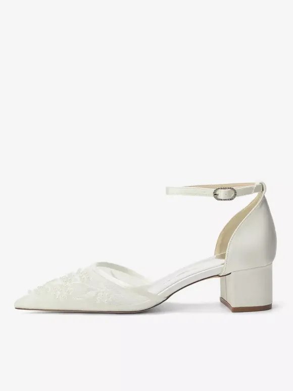 Ivory Bridal Shoes Lace Pointed Toe Ankle Strap Low Chunky Heel Wedding Shoes