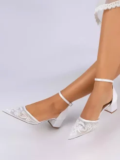 Ivory Bridal Shoes Lace Pointed Toe Ankle Strap Low Chunky Heel Wedding Shoes