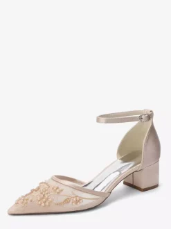 Ivory Bridal Shoes Lace Pointed Toe Ankle Strap Low Chunky Heel Wedding Shoes