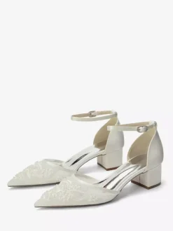 Ivory Bridal Shoes Lace Pointed Toe Ankle Strap Low Chunky Heel Wedding Shoes