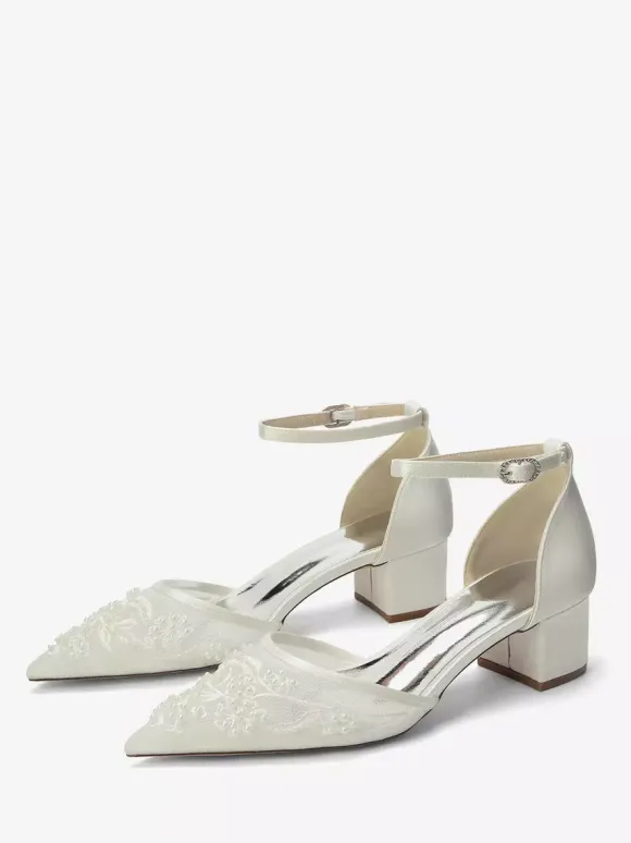 Ivory Bridal Shoes Lace Pointed Toe Ankle Strap Low Chunky Heel Wedding Shoes