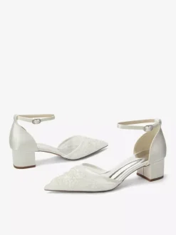 Ivory Bridal Shoes Lace Pointed Toe Ankle Strap Low Chunky Heel Wedding Shoes