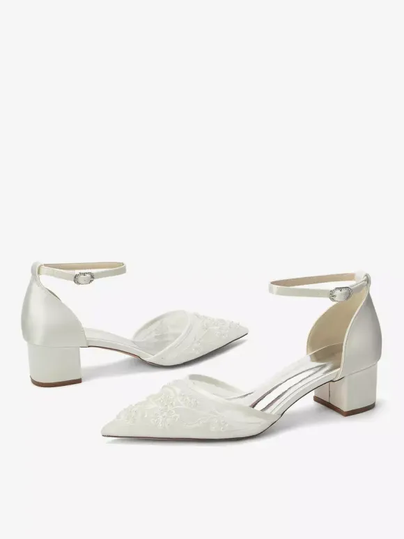 Ivory Bridal Shoes Lace Pointed Toe Ankle Strap Low Chunky Heel Wedding Shoes