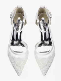 Ivory Bridal Shoes Lace Pointed Toe Ankle Strap Low Chunky Heel Wedding Shoes