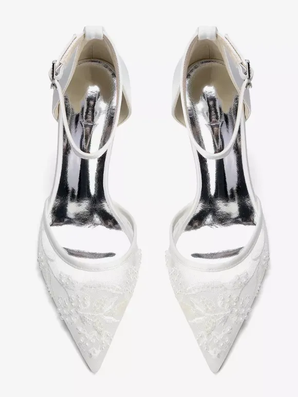 Ivory Bridal Shoes Lace Pointed Toe Ankle Strap Low Chunky Heel Wedding Shoes