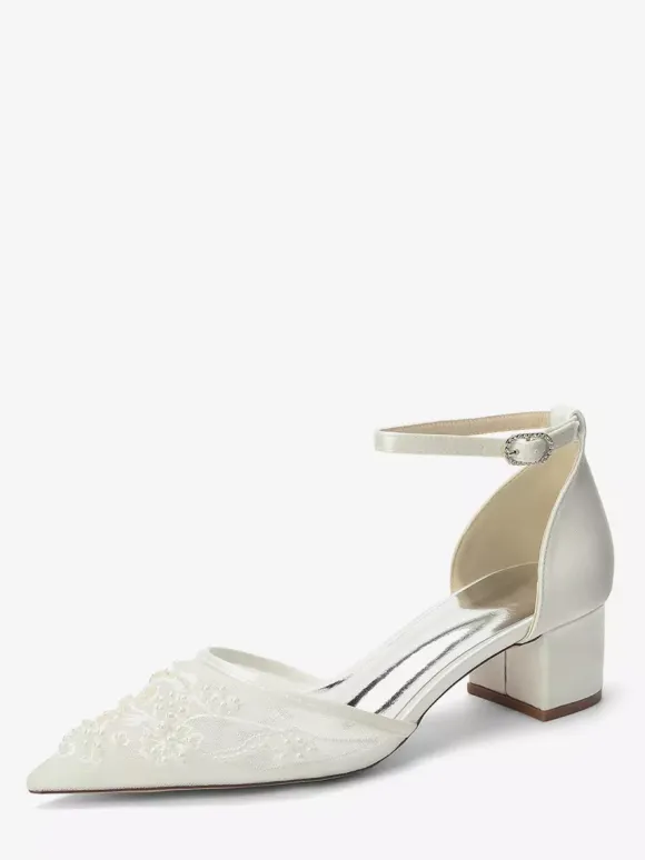 Ivory Bridal Shoes Lace Pointed Toe Ankle Strap Low Chunky Heel Wedding Shoes