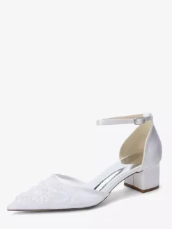 Ivory Bridal Shoes Lace Pointed Toe Ankle Strap Low Chunky Heel Wedding Shoes